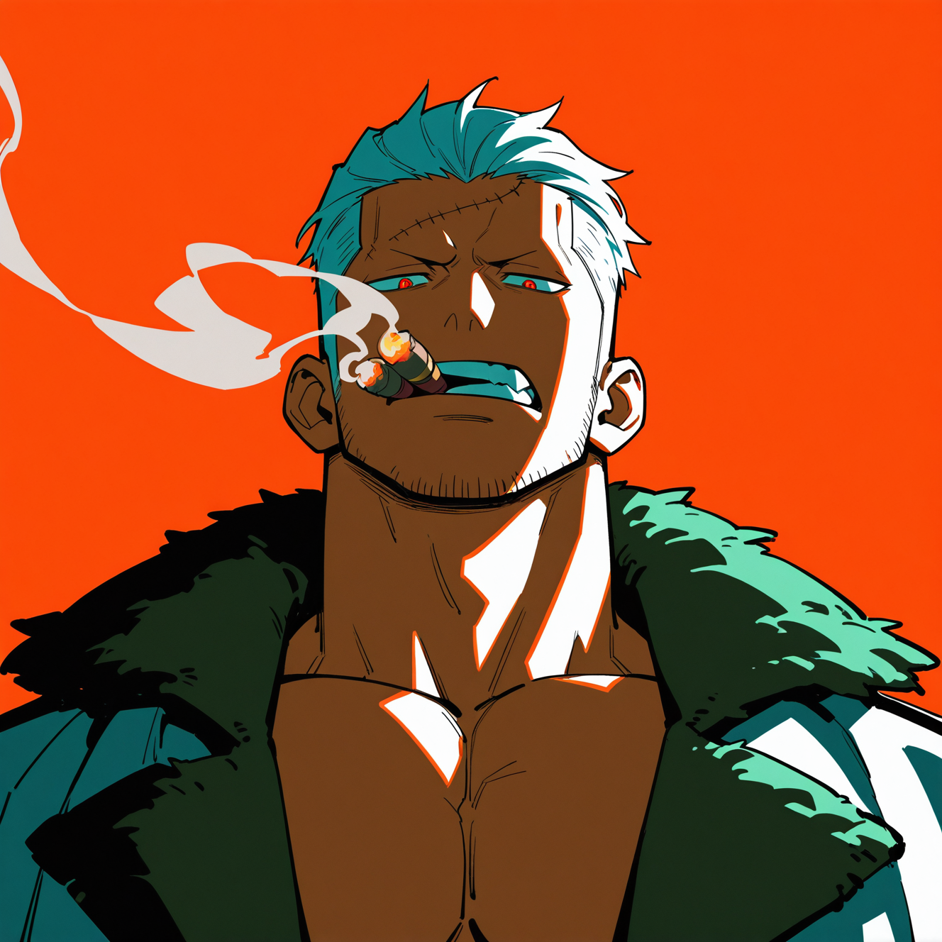 <lora:SMOKER:1>
smoker, solo, looking at viewer, short hair, blonde hair, black hair, 1boy, jacket, upper body, white hair, male focus, multicolored hair, two-tone hair, muscular, facial hair, scar, muscular male, pectorals, mouth hold, portrait, bara, red background, scar on face, smoke, tsurime, mature male, sideburns, stubble, orange background, goatee, smoking, long sideburns, stitches, pectoral cleavage, hair slicked back, cigar, scar on forehead, sideburns stubble, adam's apple, sparse stubble, coat, goatee stubble
, dynamic perspective, detailed background, motion blur, film grain, abstract, natural lighting, fantasy, cinematic, dynamic view, tilted angle, very awa, masterpiece, best quality, absurdres, newest, perfect quality, detailed background, intricate details, (artist:fl \(l-fl\):0.7), (artist:tooboshoo:0.7), (artist:dizdoodz:0.8)