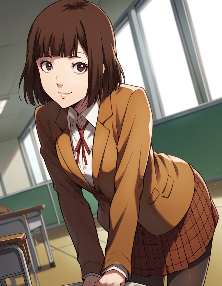 score_9, score_8_up, score_7_up, source_anime, <lora:chiyo-kurihara-s1-ponyxl-lora-nochekaiser:1>, chiyo kurihara, brown hair, brown eyes, short hair, bangs, blunt bangs,, skirt, school uniform, jacket, pantyhose, plaid, plaid skirt, blazer,, indoors, bent over, smile, looking at viewer, solo,, cowboy shot, dutch angle