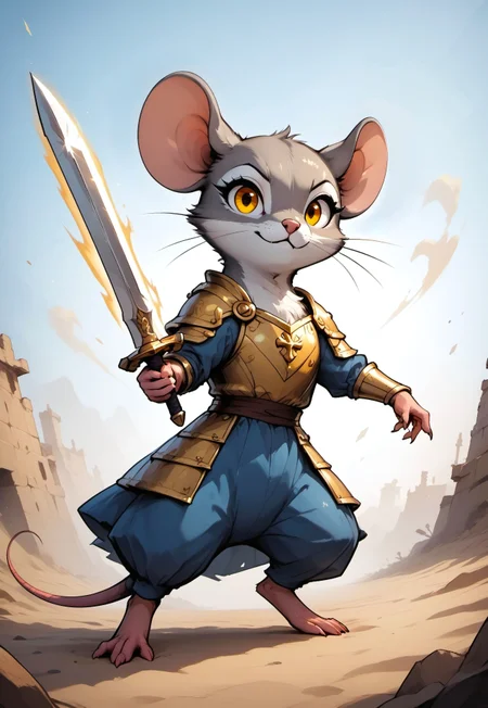 score_9, score_8_up, score_7_up, score_6_up, score_5_up, score_4_up, 
[][][][][] 
m0use_goldie, (aura:1.2),
[][][][][] 
(solo), mouse, cute, (dark grey fur, golden eyes:1.5), (adventurer's outfit), (bronze armor), (feral:1.5), looking at viewer, (low angle view:1.5), side view, (dungeon background:2), (holding sword:1.2), (action pose), desert, sand,