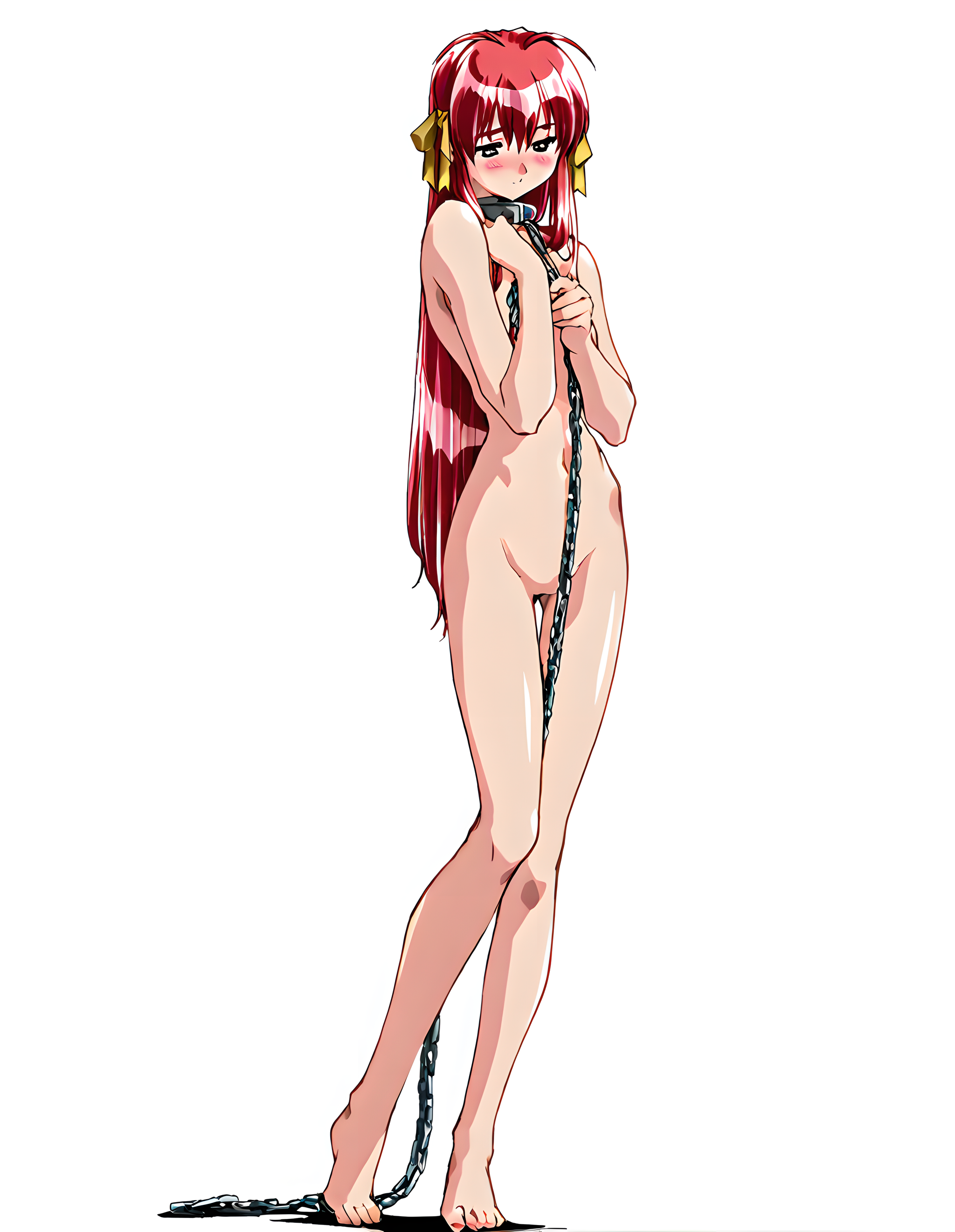 <lora:illustrious_XL_chitose:0.8>,chitose,masterpiece,best quality,good quality,1girl,solo,long hair,hair_ribbon,nude,neck_ring,chain leash,light_blush,standing,white_background,full body,