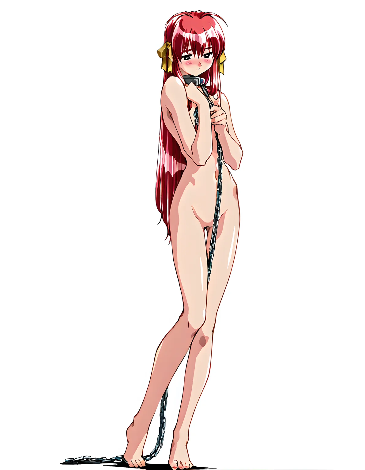 <lora:illustrious_XL_chitose:0.8>,chitose,masterpiece,best quality,good quality,1girl,solo,long hair,hair_ribbon,nude,neck_ring,chain leash,light_blush,standing,white_background,full body,