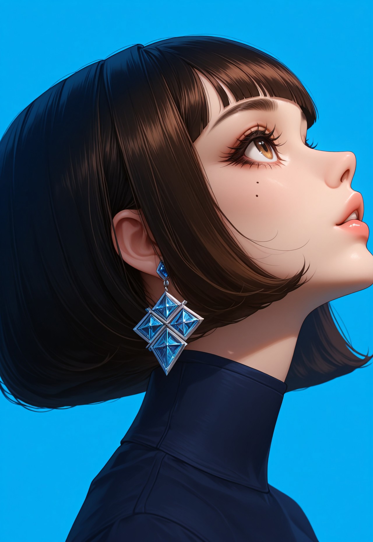 masterpiece, very aesthetic, F4UXM3D14, 1girl, solo, short hair, mole under eye, blue background, mole, bangs, simple background, lips, portrait, black hair, parted lips, profile, looking up, blunt bangs, eyelashes, earrings, from side, jewelry, brown hair, bob cut, painterly, traditional media, gouache, oil paint, painting, faux traditional media