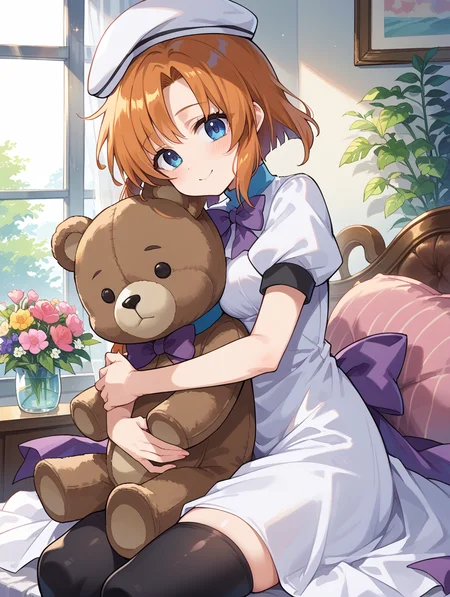 score_9, score_8_up, score_7_up,source_anime,BREAK,
Ryuuguu_rena, beret, black thighhighs, bowtie, dress, hat, puffy short sleeves, puffy sleeves, purple bowtie, short sleeves, thighhighs, white dress
hug, hugging object, teddy bear,
<lora:Ryuuguu_rena:1>