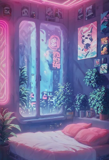 score_9,score_8_up,score_7_up,score_6_up, 
steaming coffee cup on windowsill, plants on the windowsill, wall of plants, monstera plant, large plant, tidy bedrrom, small room, cramped bedroom, teddies on the bed, cyberpunk city view out of the window, neon light, purple neon lights, posters, posters on the wall, anime posters, lewd posters, neon posters