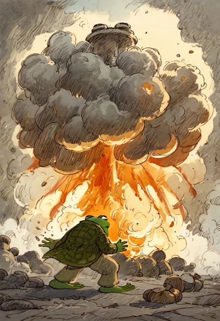 score_9, score_8_up, score_7_up, Frog and Toad, nuclear explosion, illustration by Lobel
