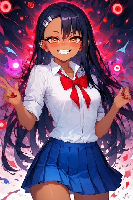 score_9, score_8_up, score_8, medium breasts, (curvy), cute, eyelashes, BREAK, , BREAK, nagatoro hayase, long hair, bangs, black hair, hair ornament, brown eyes, hairclip, fang, dark skin, dark-skinned female, tan, skirt, shirt, school uniform, white shirt, pleated skirt, nail polish, blue skirt, red nails, earclip, <lora:NagatoroHayasePDXL_v1:0.8>,, <lora:Occult_Oculi_Magic_PDXL:1.0>, occultoculi, , BREAK, smile, looking at viewer, cowboy shot, embedding:zPDXL, Expressiveh, <lora:SDXLFaeTastic2400:0.5>, <lora:Expressive_H-000001:0.4>,