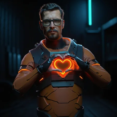 a man with glasses in a orange and black space suit, heart signs with hands, cyberpunk background <lora:GordonFreeman1024:0.8>