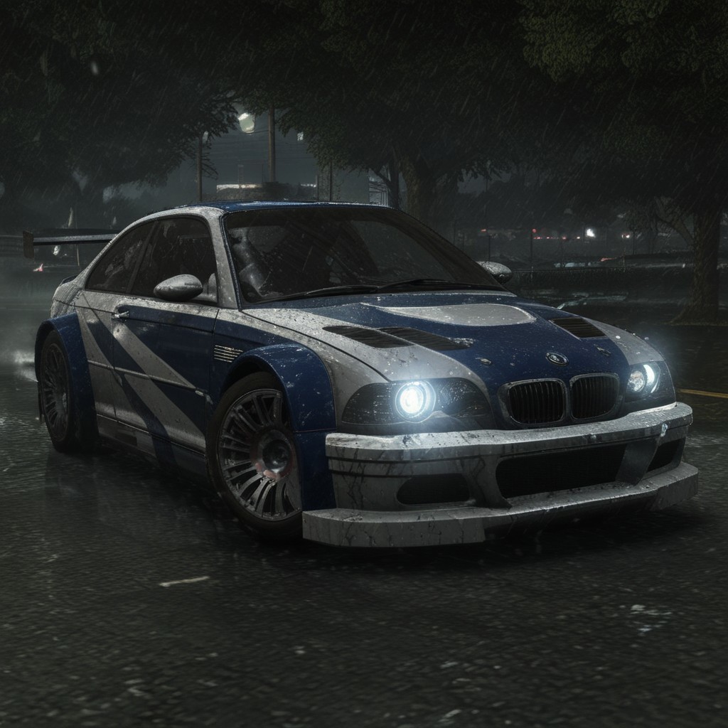 BMW M3 GTR, Need for Speed Most Wanted, racing through city streets, nighttime, rain, NFSMW