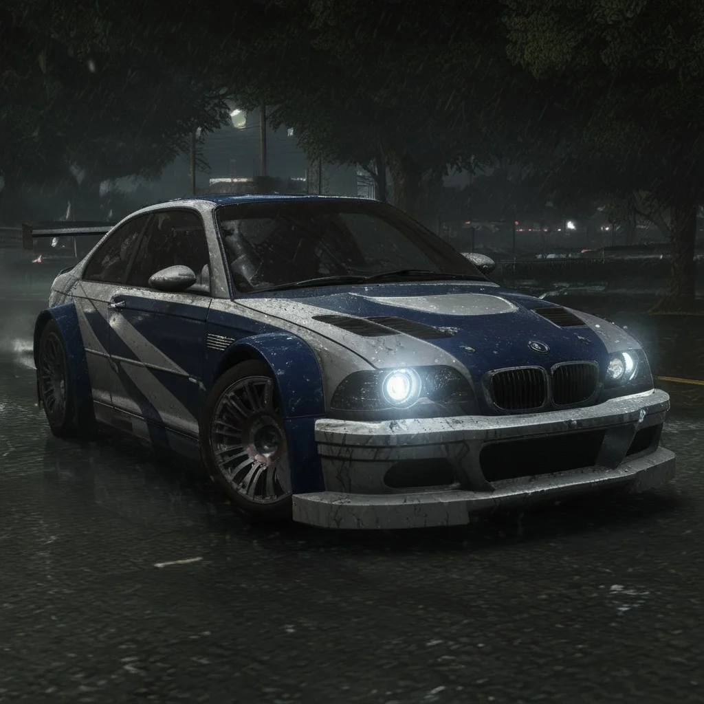 BMW M3 GTR, Need for Speed Most Wanted, racing through city streets, nighttime, rain, NFSMW