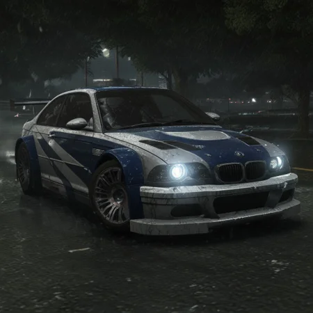 BMW M3 GTR, Need for Speed Most Wanted, racing through city streets, nighttime, rain, NFSMW