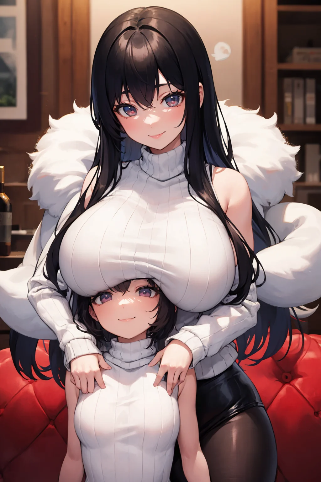 masterpiece,best quality,breasts on head,breast rest,large breasts,curvy,white ribbed sweater,turtleneck,sleeveless,smile,<lora:breasts_on_head:0.9>,