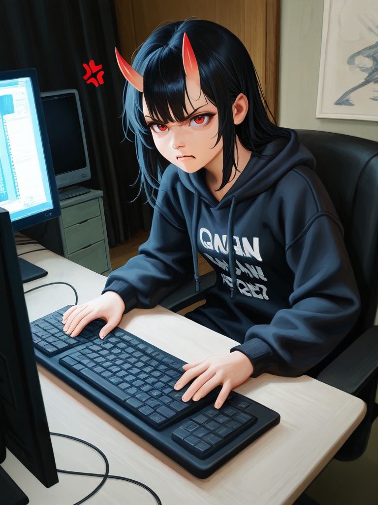 Best quality masterpiece,   Amazing very aesthetic absurdres newest embedding:my\ReaPnt1,       1girl, small breasts, oni horns, hoodie,  sitting in room, monitor, typing,  computer keyboard, angry, anger vein,   <lora:SPOl_10ep_4k>