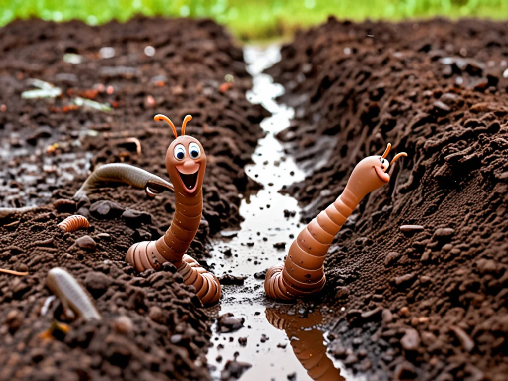 Happy cartoon earthworms emerging from the muddy dirt on a farm, after a pouring rain, puddles, many happy earthworms,  <lora:add-detail-xl:0.7>