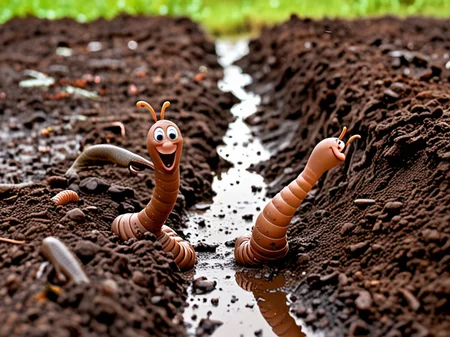 Happy cartoon earthworms emerging from the muddy dirt on a farm, after a pouring rain, puddles, many happy earthworms,  <lora:add-detail-xl:0.7>