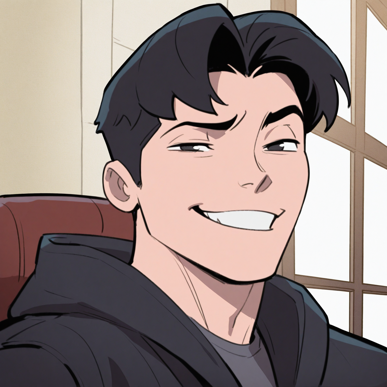 <lora:TIM_DRAKE-IL:1>tim_drake, solo, looking at viewer, smile, short hair, shirt, black hair, 1boy, jacket, twenty-something, upper body, male focus, teeth, indoors, hood, grin, black eyes, window, chair, hood down, portrait, meme, smirk, smug, raised eyebrow, curtained hair, sitting, black jacket, parted bangs, motion blur, film grain, abstract, natural lighting, fantasy, cinematic, dynamic, very awa, masterpiece, best quality, absurdres, newest, perfect quality, detailed background, intricate details, (artist:fl \(l-fl\):0.7), (artist:tooboshoo:0.7), (artist:dizdoodz:0.8)