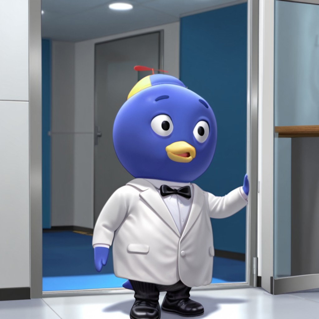 masterpiece, best quality, amazing quality, PabloByil, anthro, male, penguin, blue skin, black eyes, white jacket, white shirt, black bowtie, black pants, black shoes, propeller hat, inside, solo, 1boy