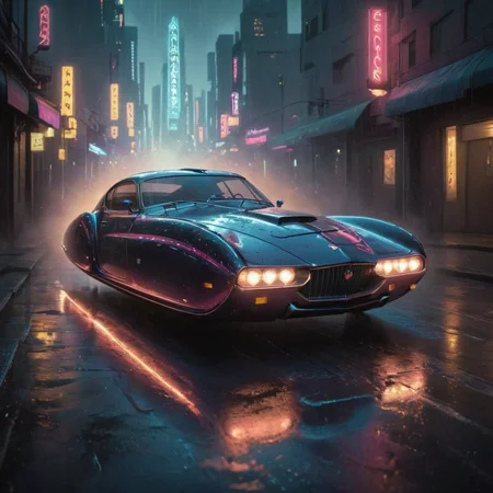 from front, d3c0pnuk, str34ml1n3 flying (1938 Phantom Corsair:1979 Citroen SM) car, anti-grav, flying a meter above street, nowheels, passing by fast, light speed, flash, (motion trail:1.5), motion blur, epic visual effects, interstellar, flow, detailed, scifi, star blast, dark vibrant colors, cosmic art, stars in background, cinematic scene, lens flare, god rays, glow, (best quality, 8K, high resolution, extreme detail, outstanding composition:1.4), road reelections, raining, low angle, aesthetic of hard - edge painting:0.1),in an art deco shining city, perspective, depth of field, foreshortening <lora:Decopunk_XL_v3:0.8> <lora:No.Wheels.XL:0.9> <lora:glowneon_xl_v1:0.8> glowneon, glowing, sparks, lightning, ultra detailed <lora:add-detail-xl:2>, dramatic lighting, slow shutter,
