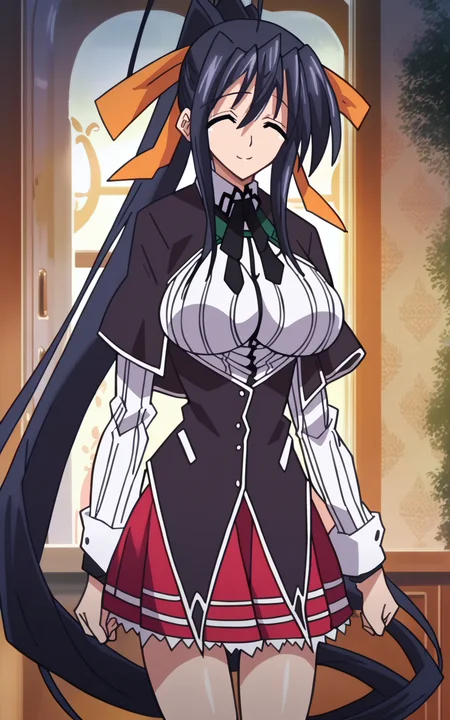 score_9, score_8_up, score_7_up, score_6_up, score_5_up, score_4_up, hgsdxd artstyle, 1girl, solo, himejimaakeno, long hair, smile, skirt, large breasts, black hair, ribbon, hair between eyes, very long hair, kuougakuen uniform, closed eyes, ^_^, hair ribbon, raihenxx body, ponytail, capelet, high ponytail, standing, (cowboy shot), indoors, looking at viewer, <lora:hgsdxd:1>