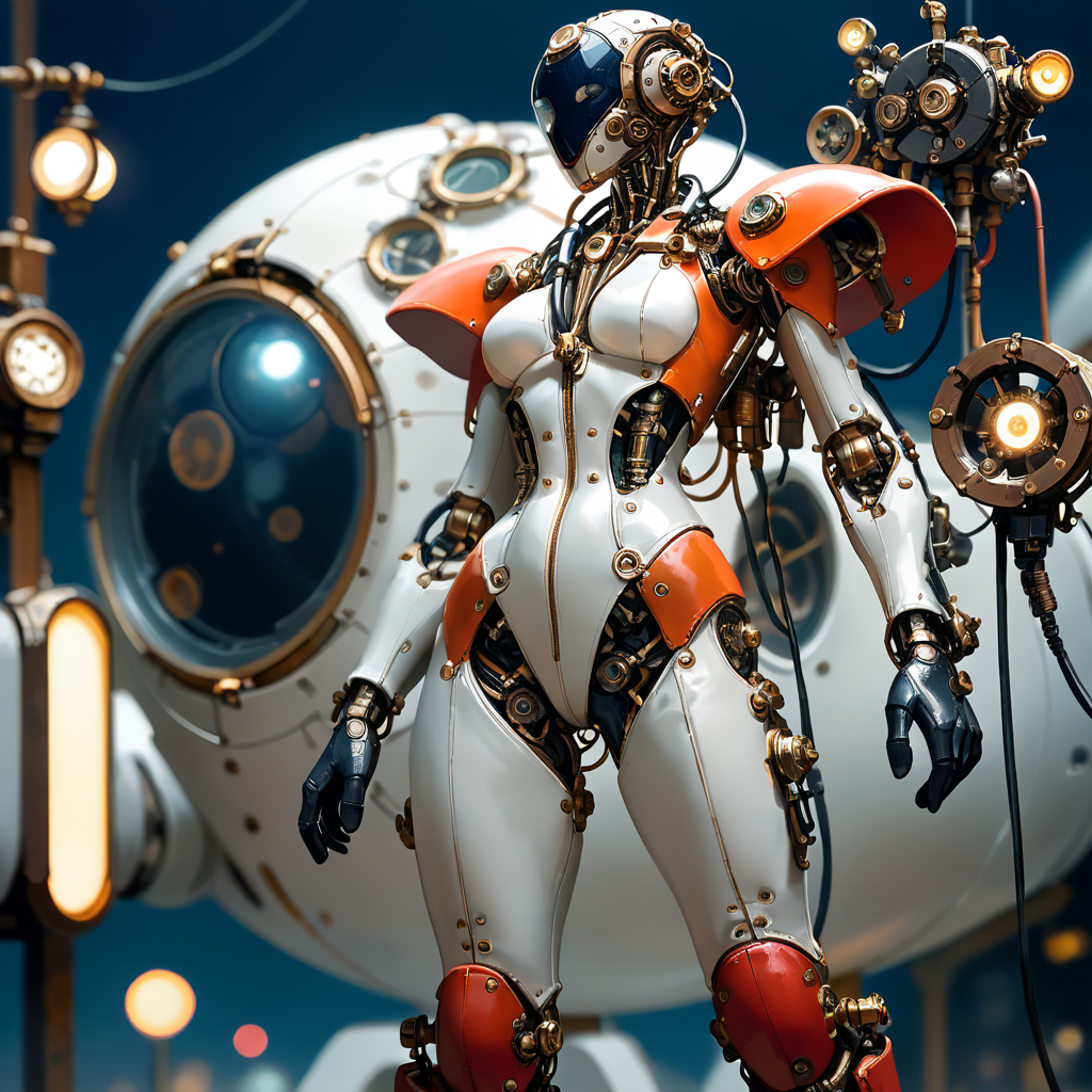 score_9,score_8_up,  <lora:Reelmech_pony_ed_v1_3:1>  a female superhero is on the ship,  steampunk, (night time), dim light, mechanical parts, reelmech, (full-body view ), science fiction, realistic, cable, wires, joints