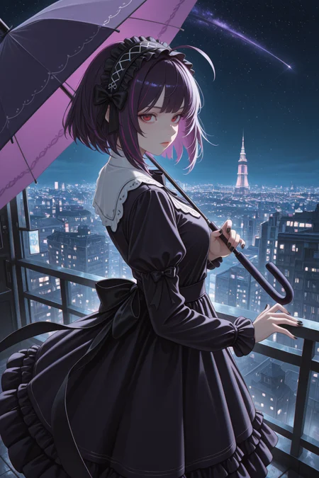 embedding:lazypos, 1girl,dress,from side,open stance,red eyes,ahoge,streaked hair,black hairband,frilled hairband,purple hair,hair bow,nail polish,black nails,
ready to draw,purple umbrella,iai,fighting stance,looking at viewer,
outdoors,cityscape,night,starry_sky,
foreshortening,chromatic aberration,
safe <lora:TrendCraft_The_Peoples_Style_Detailer-v1.0A-3_13_2025-illustrious:0.2>