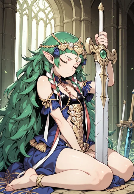 masterpiece, best quality, amazing quality, detailed background, 
sothis, 1girl, ribbon braid, green hair, long hair, solo, braid, green eyes, pointy ears, barefoot, tiara, twin braids, jewelry, ribbon, hair ribbon, anklet, side braid, very long hair, hair ornament, wariza, holding sword, planted sword, (massive sword), closed eyes, solemn look,
