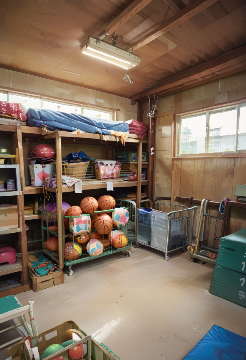 score_9, score_8_up, score_7_up, rating_safe, masterpiece, best quality, absurdres, unity 8k wallpaper, official art, official style, source_anime, uncensored, game cg, megami magazine,
taikusouko, scenery, basketball, door, shelf, ball, ceiling light, window, gym storeroom, indoors, 
 <lora:gakkou_taiikusouko_PONY_V1:1>