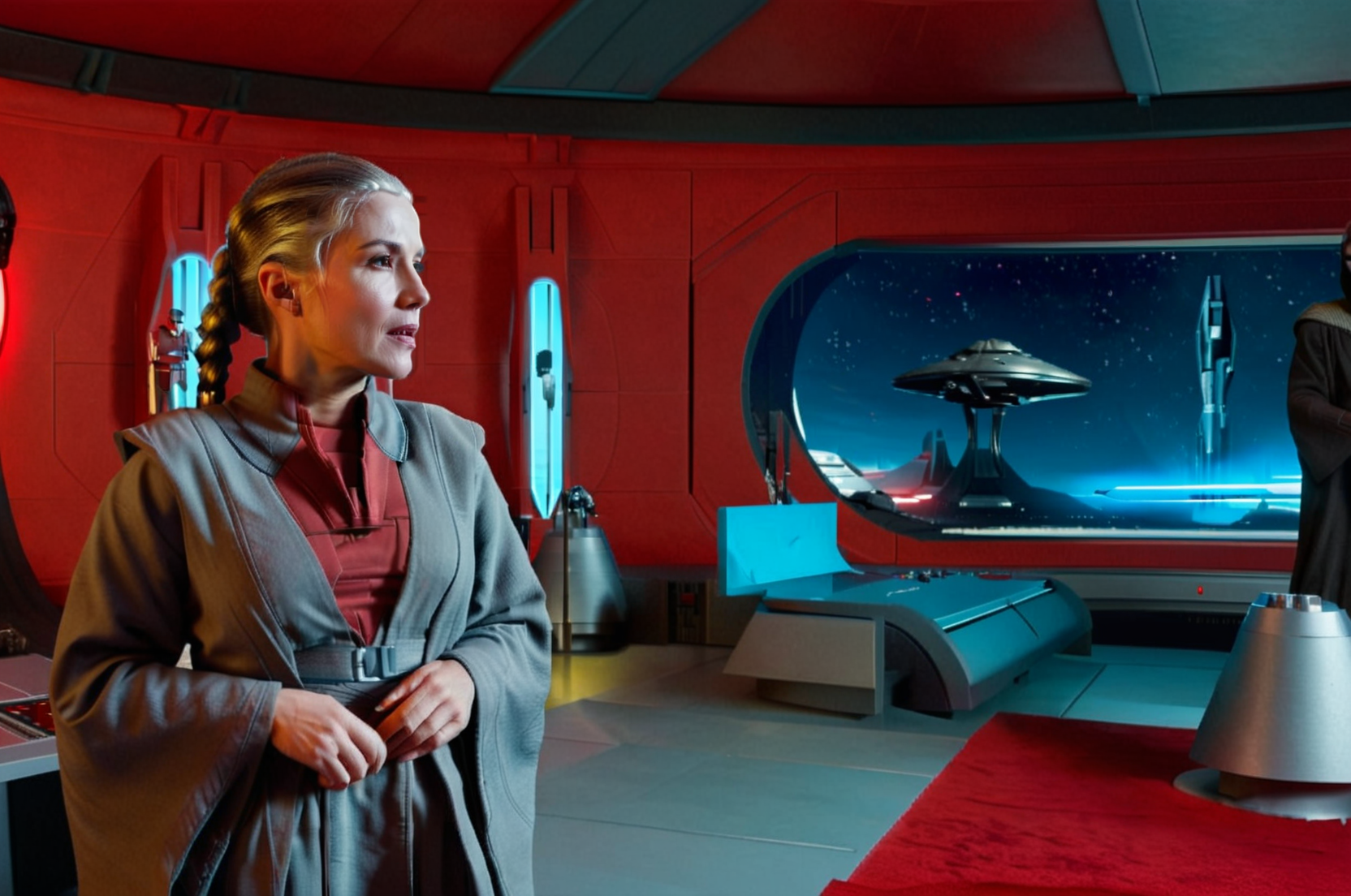 (side view1.5) (full body1.5) shot of beautiful woman kreia <lora:kotorsdxl_lora:1> (standing), gray braided hair, wearing grey star wars style futuristic sci-fi robes, (((look at camera))), (((shouting, hand gestures))), background of Coruscant office Interior with bed and red walls, red carpet, grey furniture, science fiction, 8k resolution, sharp focus, infused with a graphic novel aesthetic, cinematic, hyper-detailed, motion picture style, realistic, sci fi style, cinematic light, perfect color, perfect scene, shallow depth of field, vignette, highly detailed, high budget, bokeh, cinemascope, moody, epic, masterpiece, <lora:Rembrandt Lighting style v2:0.6> Rembrandt Lighting style, in the dark Low-key lighting Style <lora:Low-key lighting Style:0.6>  <lora:Coruscant:0.2> Coruscant <lora:Coruscant_Office_Interior:0.8>