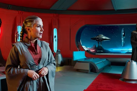 (side view1.5) (full body1.5) shot of beautiful woman kreia <lora:kotorsdxl_lora:1> (standing), gray braided hair, wearing grey star wars style futuristic sci-fi robes, (((look at camera))), (((shouting, hand gestures))), background of Coruscant office Interior with bed and red walls, red carpet, grey furniture, science fiction, 8k resolution, sharp focus, infused with a graphic novel aesthetic, cinematic, hyper-detailed, motion picture style, realistic, sci fi style, cinematic light, perfect color, perfect scene, shallow depth of field, vignette, highly detailed, high budget, bokeh, cinemascope, moody, epic, masterpiece, <lora:Rembrandt Lighting style v2:0.6> Rembrandt Lighting style, in the dark Low-key lighting Style <lora:Low-key lighting Style:0.6>  <lora:Coruscant:0.2> Coruscant <lora:Coruscant_Office_Interior:0.8>