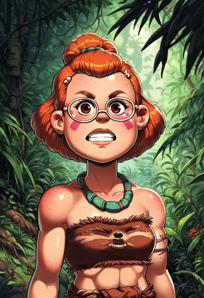 score_9, knva, halftone effect, 1girl, solo, east asian skin, jungle girl, human, m_l, 1girl, small body, plump, brown eyes, short hair, orange hair, glasses, mint (((bone in hair))), ((high ponytail with a bone bow)), ((a large bone going through her hair)), ((pebbles flintstone hair)), human face, human nose, human ears, adult, breasts, loin cloth, jungle, red panda war paint, red panda face markings, face paint, tribal face paint, 2d, barbarian, bamboo, toned body, confident, proud, huntress, hunting, spear, tribal warrior, savage,