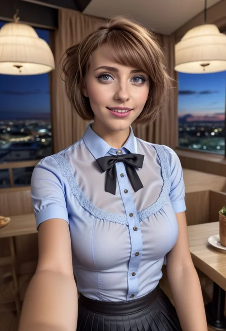 (8k, RAW photo, best quality, masterpiece:1.2), (realistic, photo-realistic:1.37), ultra-detailed,
1 girl, cute, solo, beautiful detailed sky, detailed cafe, night, sitting, dating,(smile:1.1),(closed mouth)
medium breasts, detailed face, detailed eyes, (collared shirt:1.1), bowtie, pleated skirt, (short hair:1.2),