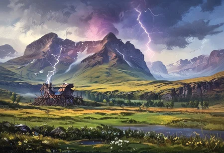 Icelandic landscape scene, steep mountain valley, lush green fields, small TeslaPunkAI lumbermill, simon stalenhag, storm, dark clouds, windswept, stormy weather, complementary colors, ((Highest quality:1.0),(High resolution:1.0), (masterpiece:1.0), (ground level view:0.6, viewer looking up:0.6), beautiful and aesthetic:1.3), extreme detailed, colorful, highest detailed,((ultra-detailed)),(highly detailed CG illustration),,