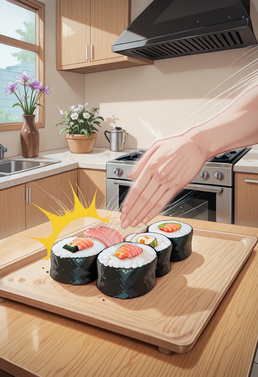 masterpiece,best quality,amazing quality,very aesthetic,absurdres,newest, huge filesize,
BREAK 
no human,
PussySlapping, ^^^, (((speed lines, motion lines, action lines, motion blur))), sushi focus, slapping, 
chopping board,sushi on chopping board, foreground, pov hand,
emphasis lines, afterimage, one male hand, disembodied hand,
indoors,kitchen,window,flower, 
close up,
front view