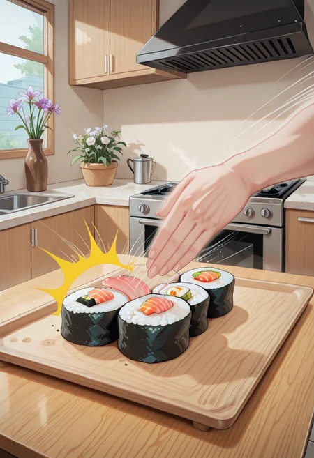 masterpiece,best quality,amazing quality,very aesthetic,absurdres,newest, huge filesize,
BREAK 
no human,
PussySlapping, ^^^, (((speed lines, motion lines, action lines, motion blur))), sushi focus, slapping, 
chopping board,sushi on chopping board, foreground, pov hand,
emphasis lines, afterimage, one male hand, disembodied hand,
indoors,kitchen,window,flower, 
close up,
front view