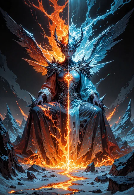 masterpiece, high-quality, A goddess of fire and ice sits atop a throne forged from a fusion of glowing magma and crystalline frost, her split robes flowing in dynamic patterns of orange flame and icy blue mist. The camera captures her from a dramatic, tilted perspective that emphasizes the sharp contrast between her fiery, molten crown and the frost-covered sigils that pulse faintly along her gown. Around her, the ground cracks and shifts, glowing with alternating waves of heat and cold, as jagged spikes of ice and fire erupt from the hyperdetailed terrain in perfect harmony, <lora:FLUX\Anime v1.3:0.5> <lora:FLUX\FluxMythAn1meL1nes:0.6> <lora:FLUX\Midjourney_-_SemiReal_Dreams_FLUX_LoRA:0.5> <lora:FLUX\DarksunRiddV4:0.6>
