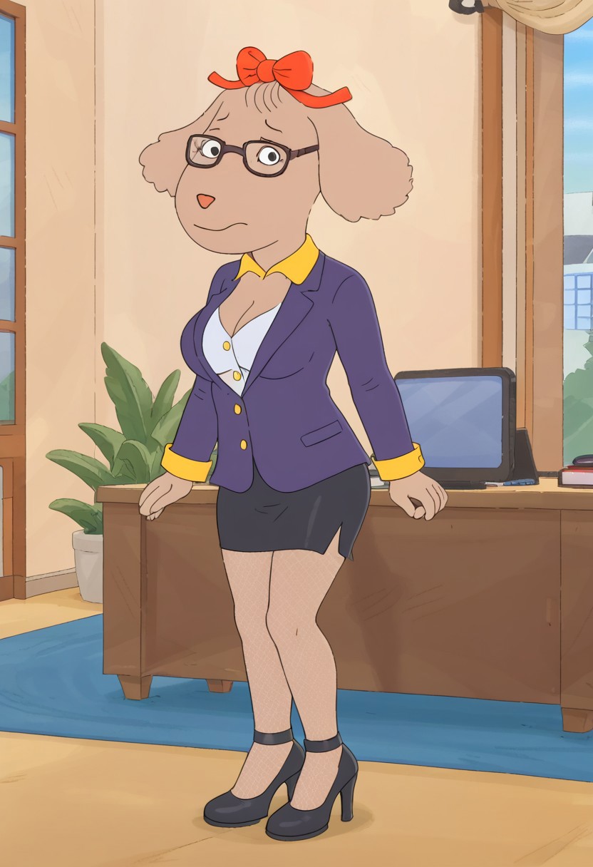 Fern Walters, 1girl, solo, anthropomorphic dog, animal ears, tannish grey fur. red bow on her head,secretary, office clothes, white shirt, black skirt. blazer coat, high heels, 
looking at viewer, pinup. Nervous ,on couch, medium breasts, indoors, window, bed, cowboy shot,  full body, legs, fishnet stockings, glasses, athletic body, high heels, big breasts, cleavage,