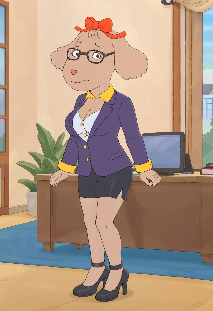Fern Walters, 1girl, solo, anthropomorphic dog, animal ears, tannish grey fur. red bow on her head,secretary, office clothes, white shirt, black skirt. blazer coat, high heels,
looking at viewer, pinup. Nervous ,on couch, medium breasts, indoors, window, bed, cowboy shot, full body, legs, fishnet stockings, glasses, athletic body, high heels, big breasts, cleavage,