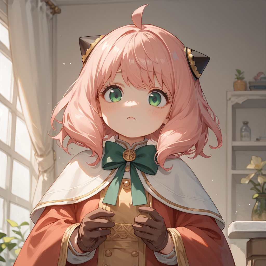 score_9,score_8_up,score_7_up,score_6_up,score_5_up,score_4_up,1girl,anya forger,anya (spy x family),bangs,green eyes,pink hair,ahoge,child,female child,hairpods,<lora:Expressive_H:1>,solo,gloves, long sleeves, ribbon, brown gloves, capelet, robe,