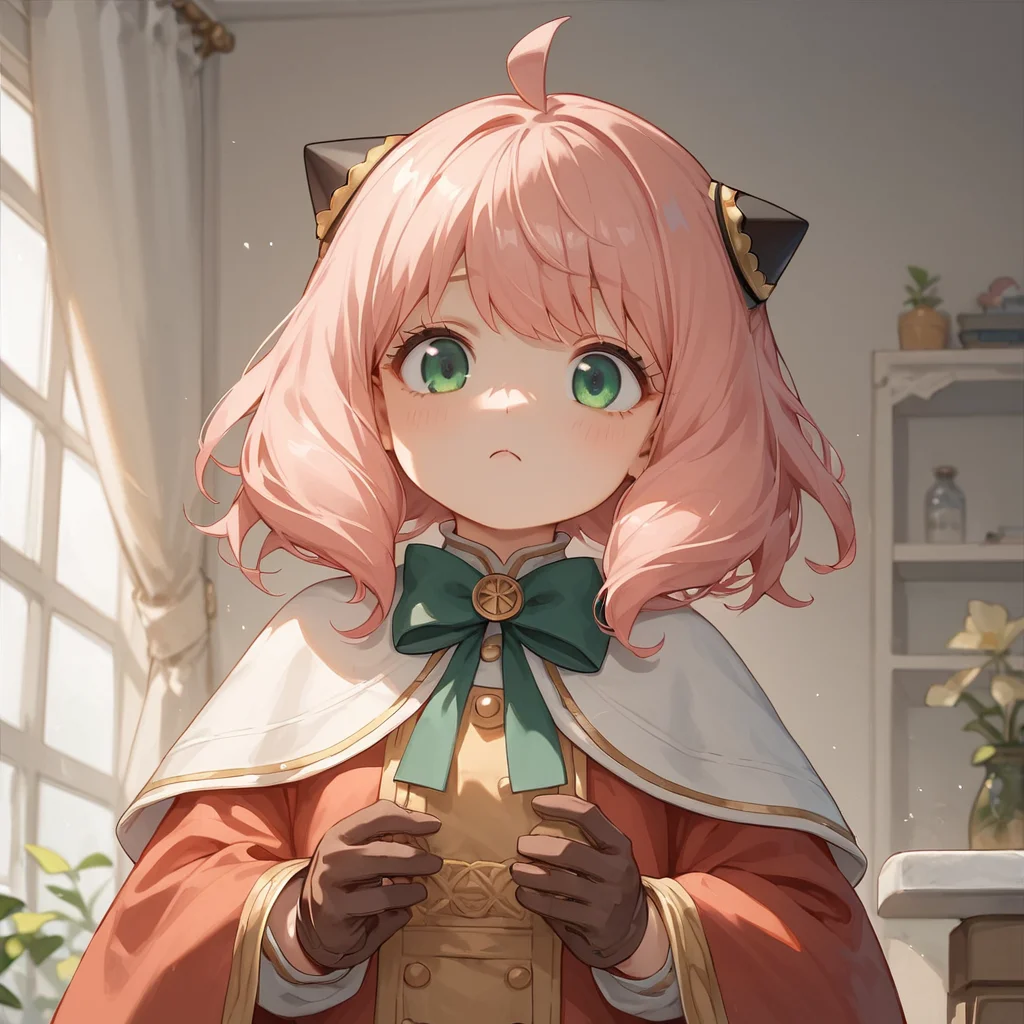 score_9,score_8_up,score_7_up,score_6_up,score_5_up,score_4_up,1girl,anya forger,anya (spy x family),bangs,green eyes,pink hair,ahoge,child,female child,hairpods,<lora:Expressive_H:1>,solo,gloves, long sleeves, ribbon, brown gloves, capelet, robe,