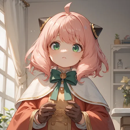 score_9,score_8_up,score_7_up,score_6_up,score_5_up,score_4_up,1girl,anya forger,anya (spy x family),bangs,green eyes,pink hair,ahoge,child,female child,hairpods,<lora:Expressive_H:1>,solo,gloves, long sleeves, ribbon, brown gloves, capelet, robe,