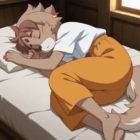 masterpiece, best quality, amazing quality, official style, fr33di3, male, furry male, anthro, solo, dog-like, brown fur, short hair, brown hair, brown eyes, light muzzle, black nose, orange facial marks, forehead mark, two-tone tail, barefoot, gold ear-piercing, white shirt, short sleeved, orange pants, red strings, on bed, lying on side, closed eyes, sleeping, indoors, bedroom
