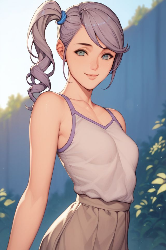 score_9, score_8_up, score_7_up, 1girl, smile, looking at viewer, arms_up, light purple hair, side-swept_bangs, side ponytail, grey eyes, small breasts, light brown top, outdoors, atmospheric perspective, glittering light <lora:Oda_non_PonyXL_style_v01:1>