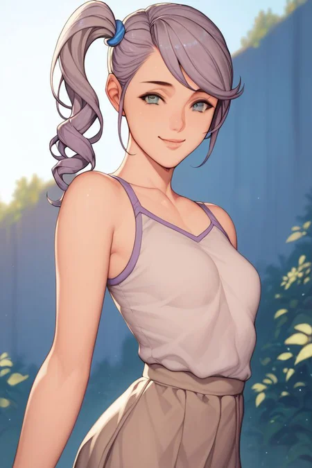 score_9, score_8_up, score_7_up, 1girl, smile, looking at viewer, arms_up, light purple hair, side-swept_bangs, side ponytail, grey eyes, small breasts, light brown top, outdoors, atmospheric perspective, glittering light <lora:Oda_non_PonyXL_style_v01:1>