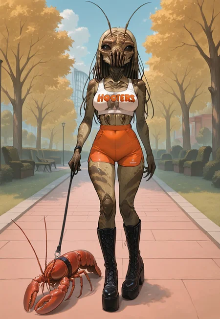 Masterpiece, absurdres, best quality, highly detailed newest, 1boy, solo, alien, pr4wn, medium breasts, hooters outfit, high platform goth boots, boots up to knees, pet lobster, holding leash, full body, lobster walks by the side, park background, detailed background, sunny day, vivid colors,