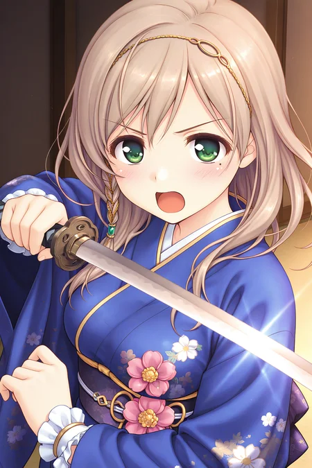 masterpiece, best quality, absurdres, official art, official style, rating general BREAK <lora:sarashinamutsumi_IL_v1-1:0.7>, sarashina mutsumi, 1girl, solo, green eyes, mole under eye, light brown hair, long hair, single braid, side braid, hair between eyes, swept bangs, head chain, gold trim, hair tubes, green gem, hair over shoulder, large breasts, medium breasts, japanese clothes, blue kimono, short kimono, print kimono, floral print, long sleeves, wrist cuffs, wide sleeves, sash, obi, pink flower, waist flower, pink flower ornament, tassel, open mouth, blush, katana, holding sword, glowing sword, energy sword, unsheathed, shiny hair, dynamic pose, sword swing, action scene, traditional japanese setting, flowing sleeves, intense expression, hair moving, motion blur, dramatic lighting, no opponent, focused stance, >:, a little angry, closed mouth, looking at viewer, (v-shaped eyebrows)