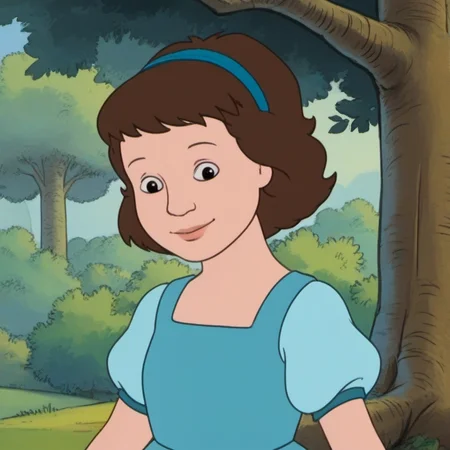1girl, solo, emlb1, short hair, brown hair, hairband, smile, blue dress, tree, <lora:emlb1:1>,