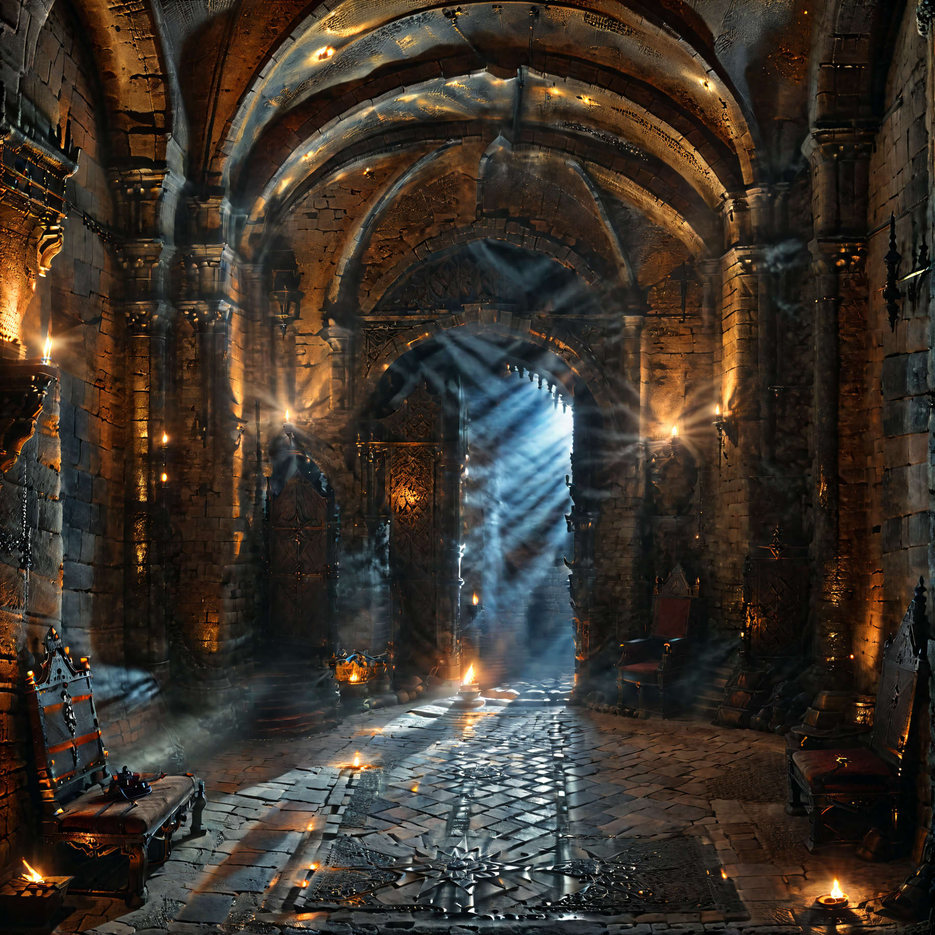 Horror-themed dungeon, throne, throne room, lofty ceiling, <lora:The_Deep_Dark_Dungeon-SDXL:0.8>, deepdarkdungeon, best quality, masterpiece, 4k, uncensored, prefect lighting, rating_explicit, very aesthetic, detailed, <lora:add_details_xl:0.6>, very detailed, <lora:SDXLHighDetail_v5:0.6>, <lora:god rays:0.7>, god rays, sunbeams, sunbeam . Eerie, unsettling, dark, spooky, suspenseful, grim, highly detailed