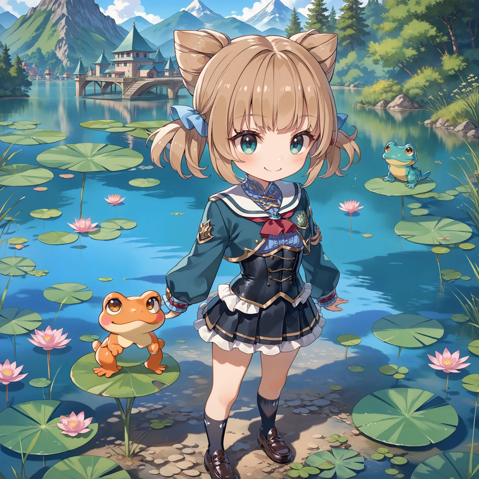 score_max, (score_9, score_8_up, score_7_up:1.2), score_6_up, official art, source_anime,
masterpiece, absurdres, high detail, 8k,
lake, lotus leaf, mountain background,
standing on lotus leaf, frog, golden frog, silver frog, smile, blush,
chibi, cicho, cone hair bun, short twintails, school uniform, green jacket, cropped jacket, red neckerchief, sleeves past wrists, blue shirt, black corset, long sleeves, frills, plated skirt, black skirt, black socks, loafers
<lora:XL_Pony_gomaotsu-cicho-t1:1>