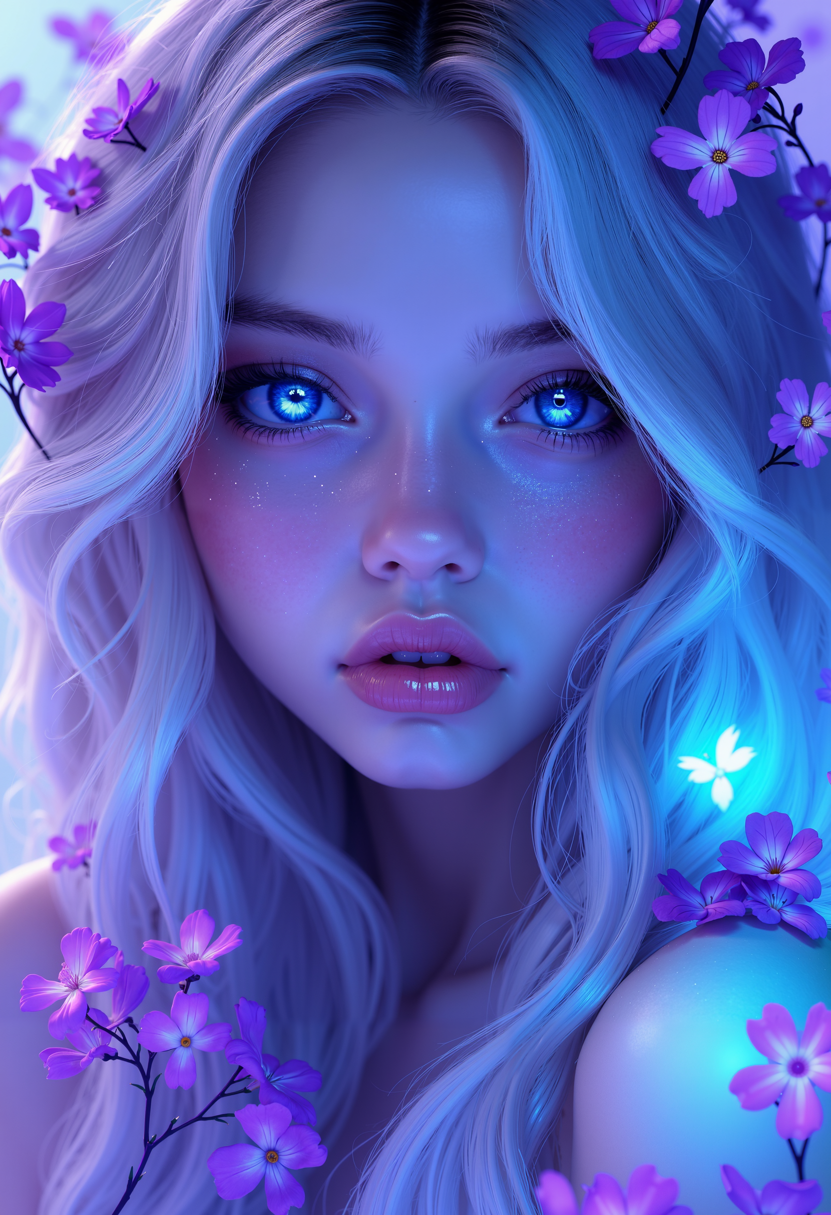 bo-neon, a highly detailed, hyper-realistic digital artwork depicting a young woman with ethereal, otherworldly features, she has long, flowing, platinum blonde hair that cascades around her face, and her skin is pale with a slight sheen, indicating a luminous, almost ethereal quality, her eyes are large and glowing, with a mesmerizing blue hue that matches the surrounding light, giving them a mystical, otherworldlike appearance, her lips are full and slightly parted, and she has a serene, almost dreamlike expression, surrounding her are small, delicate purple flowers that add a touch of tranquility and beauty to the scene, the background is blurred, focusing attention on the subject, and the lighting is soft and diffused, creating a dreamlike atmosphere, the overall style is highly polished and photorealistic, with meticulous attention to detail and texture, making it a captivating and immersive piece of art, high quality, ultra detailed, colorful, abstract, abyss fantasy.<lora:FLUX Abyss Neon\Abyss Neon_epoch_5.safetensors:1.0:1.0>