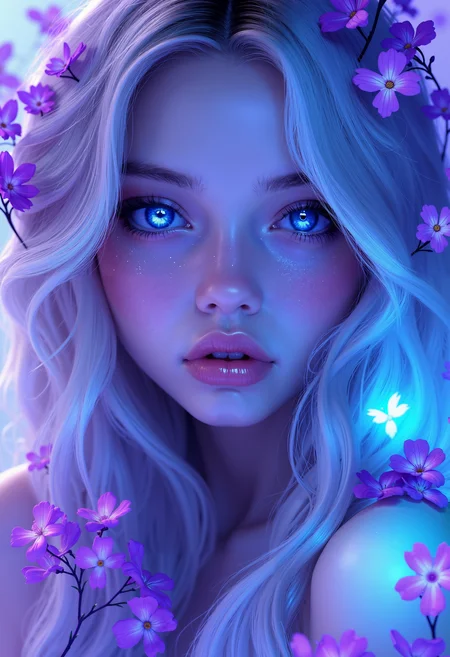 bo-neon, a highly detailed, hyper-realistic digital artwork depicting a young woman with ethereal, otherworldly features, she has long, flowing, platinum blonde hair that cascades around her face, and her skin is pale with a slight sheen, indicating a luminous, almost ethereal quality, her eyes are large and glowing, with a mesmerizing blue hue that matches the surrounding light, giving them a mystical, otherworldlike appearance, her lips are full and slightly parted, and she has a serene, almost dreamlike expression, surrounding her are small, delicate purple flowers that add a touch of tranquility and beauty to the scene, the background is blurred, focusing attention on the subject, and the lighting is soft and diffused, creating a dreamlike atmosphere, the overall style is highly polished and photorealistic, with meticulous attention to detail and texture, making it a captivating and immersive piece of art, high quality, ultra detailed, colorful, abstract, abyss fantasy.<lora:FLUX Abyss Neon\Abyss Neon_epoch_5.safetensors:1.0:1.0>