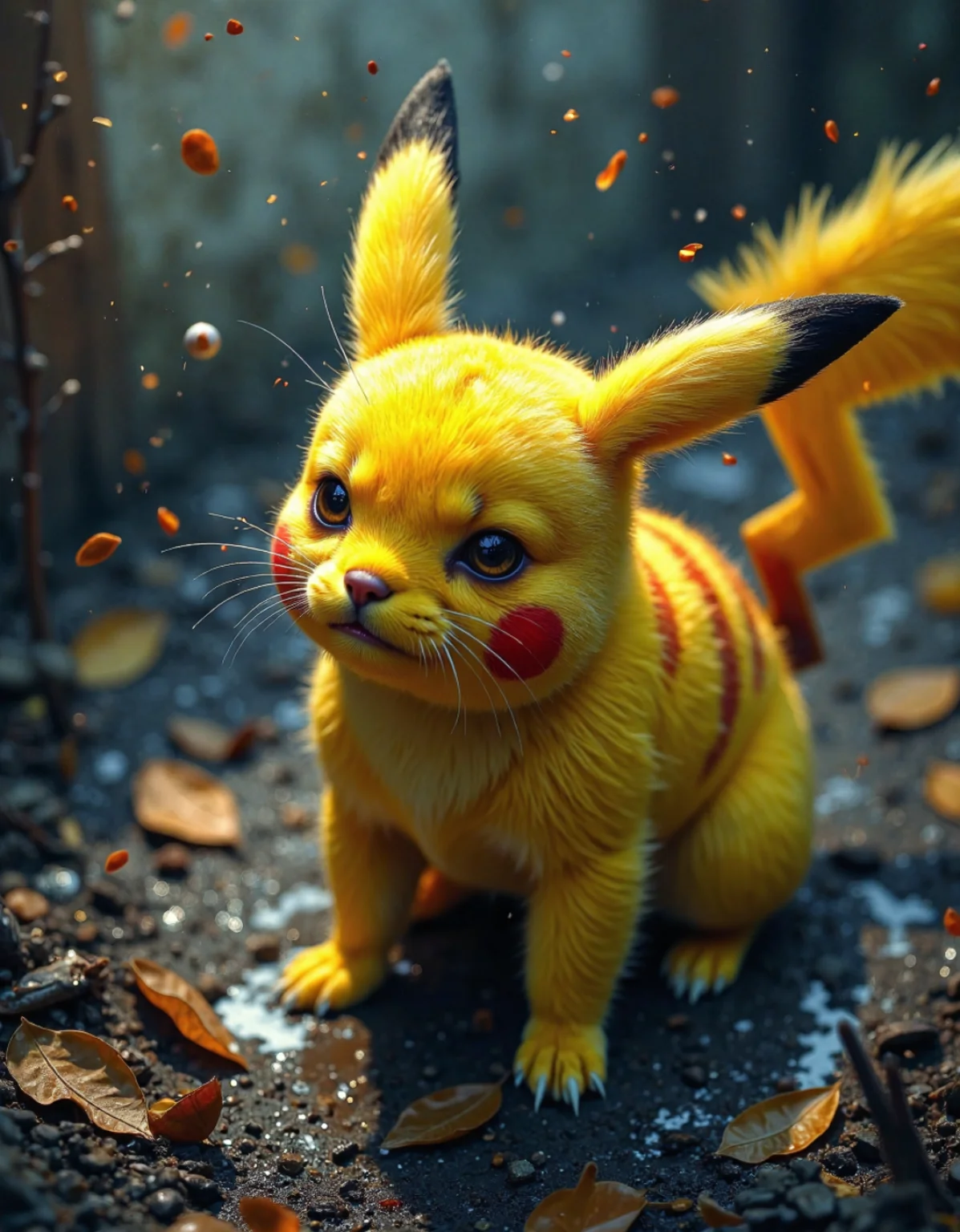 abstract expressionist painting (dark mood masterpiece Photography:1.2), a portrait of Pikachu, modern, fuzzy lighting, dark mood, (rule of thirds composition), mysteriouse, emotional, highly detailed, melancholic, refraction, low-light hyper detailed photography, professionally shot,seen from above view,style by ryohei hase,light and shadow plays,soft and diffused lighting . energetic brushwork, bold colors, abstract forms, expressive, emotional